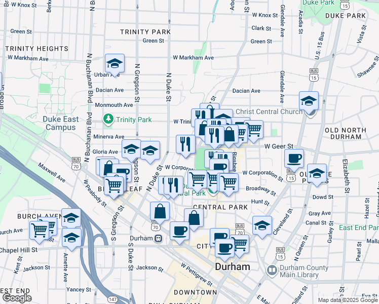 map of restaurants, bars, coffee shops, grocery stores, and more near Liggett Street in Durham