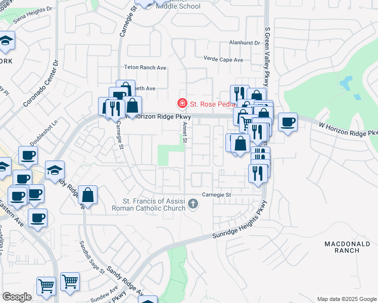 map of restaurants, bars, coffee shops, grocery stores, and more near 2305 West Horizon Ridge Parkway in Henderson
