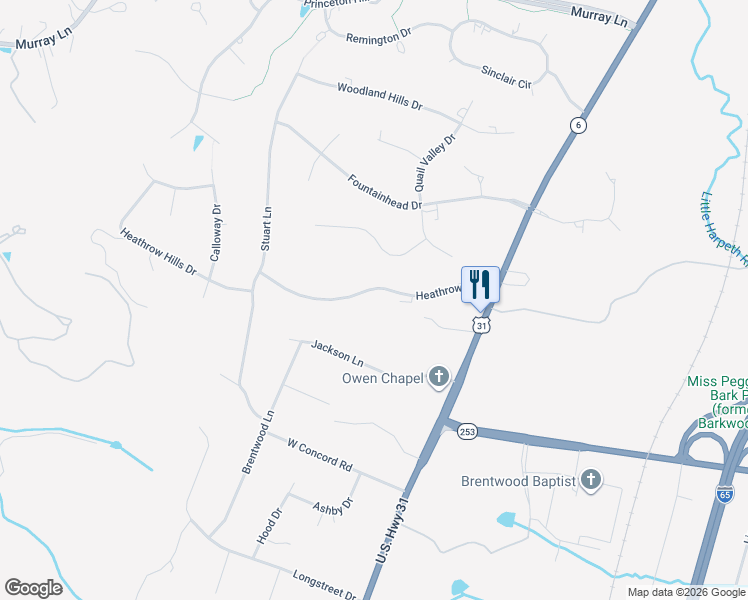 map of restaurants, bars, coffee shops, grocery stores, and more near 5103 Heathrow Boulevard in Brentwood