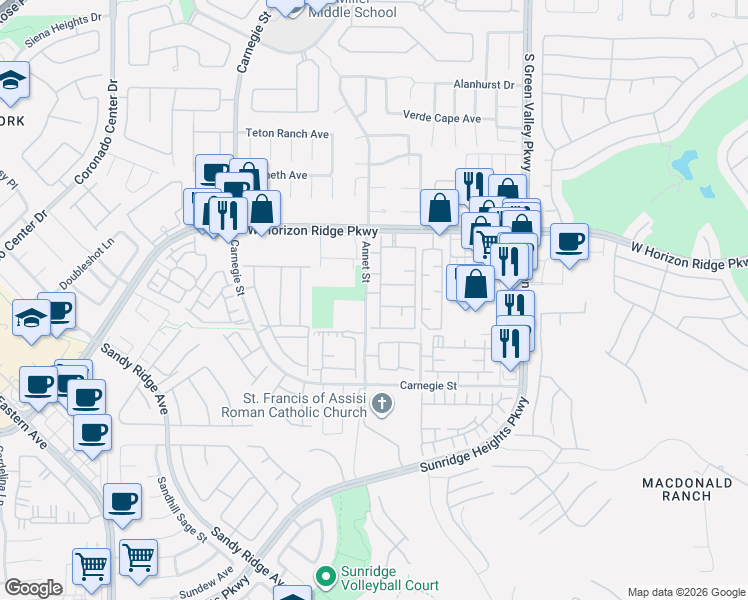 map of restaurants, bars, coffee shops, grocery stores, and more near 676 Annet Street in Henderson
