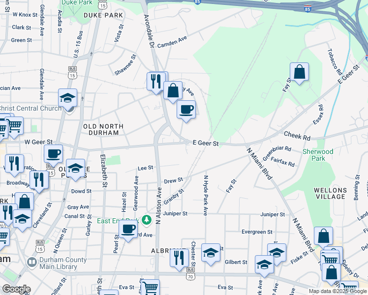 map of restaurants, bars, coffee shops, grocery stores, and more near 626 East Geer Street in Durham