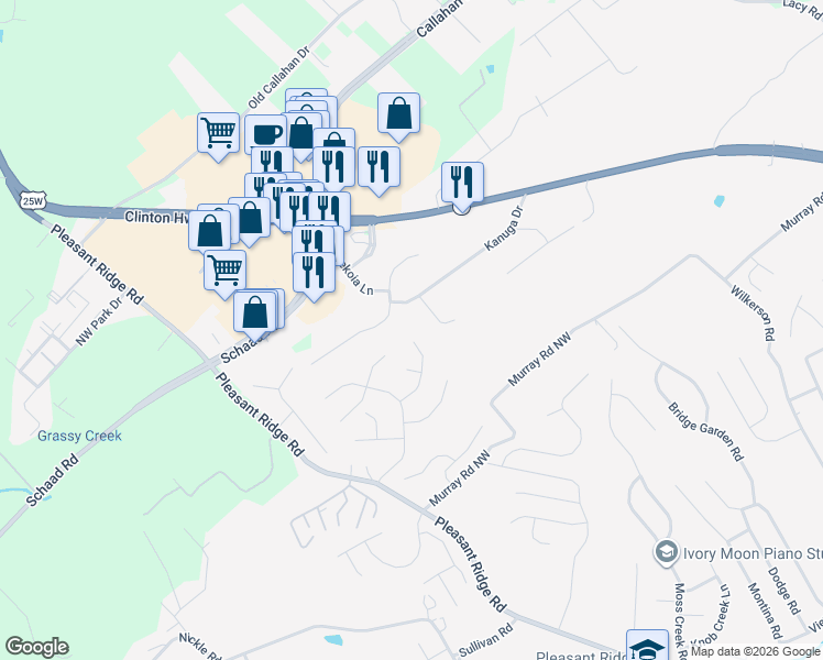 map of restaurants, bars, coffee shops, grocery stores, and more near 6205 Lantern Ridge Lane in Knoxville
