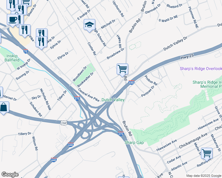 map of restaurants, bars, coffee shops, grocery stores, and more near 411 Dutch Valley Drive Northeast in Knoxville