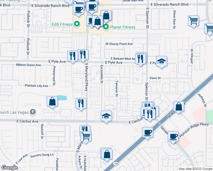 map of restaurants, bars, coffee shops, grocery stores, and more near 10256 Missouri Meadows Street in Las Vegas