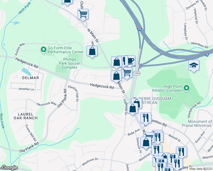 map of restaurants, bars, coffee shops, grocery stores, and more near 131 Hedgecock Road in High Point