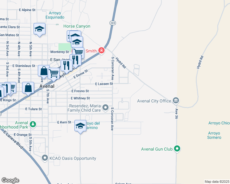 map of restaurants, bars, coffee shops, grocery stores, and more near 505 South Corcoran Avenue in Avenal