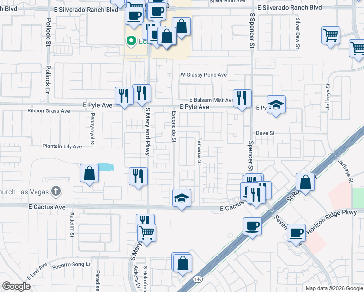 map of restaurants, bars, coffee shops, grocery stores, and more near 10286 Missouri Meadows Street in Las Vegas