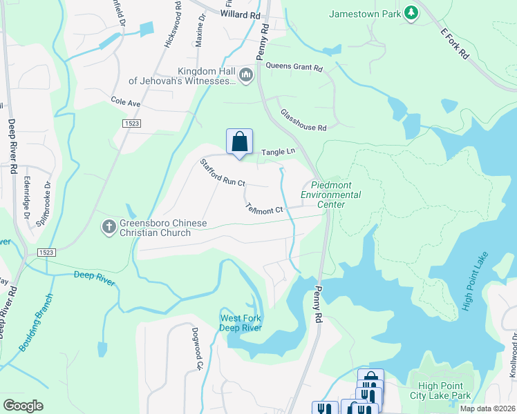 map of restaurants, bars, coffee shops, grocery stores, and more near 4029 Tellmont Court in High Point