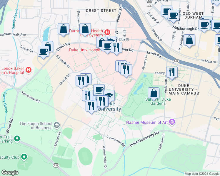 map of restaurants, bars, coffee shops, grocery stores, and more near 534 Research Drive in Durham