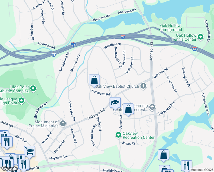 map of restaurants, bars, coffee shops, grocery stores, and more near 1304 Andover Court in High Point