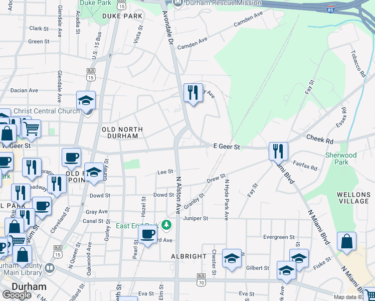map of restaurants, bars, coffee shops, grocery stores, and more near 610 East Geer Street in Durham