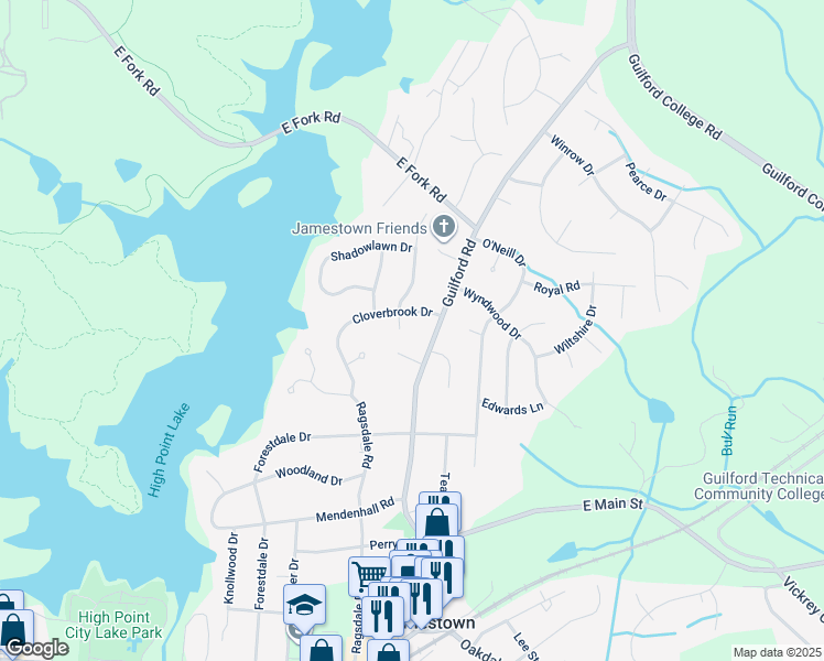 map of restaurants, bars, coffee shops, grocery stores, and more near 103 Newberry Court in Jamestown