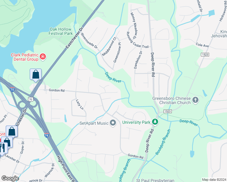 map of restaurants, bars, coffee shops, grocery stores, and more near 1811 Rivertrace Point in High Point