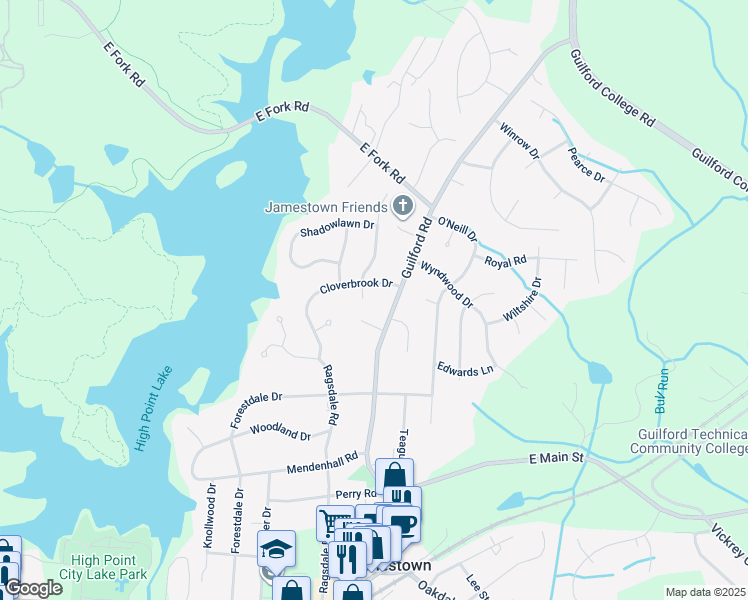 map of restaurants, bars, coffee shops, grocery stores, and more near 103 Newberry Court in Jamestown