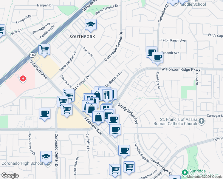 map of restaurants, bars, coffee shops, grocery stores, and more near 2661 French Roast Place in Henderson