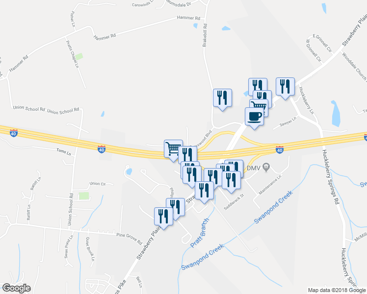 map of restaurants, bars, coffee shops, grocery stores, and more near 7400 Crosswood Boulevard in Knoxville