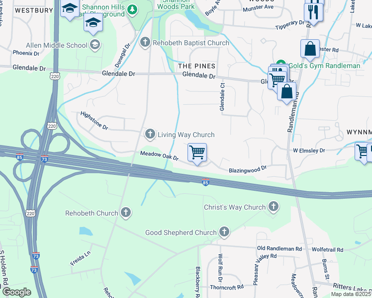 map of restaurants, bars, coffee shops, grocery stores, and more near 6 Rehobeth Oaks Court in Greensboro