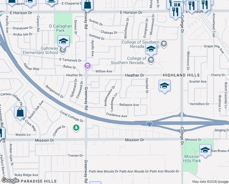 map of restaurants, bars, coffee shops, grocery stores, and more near 523 Landmark Lane in Henderson