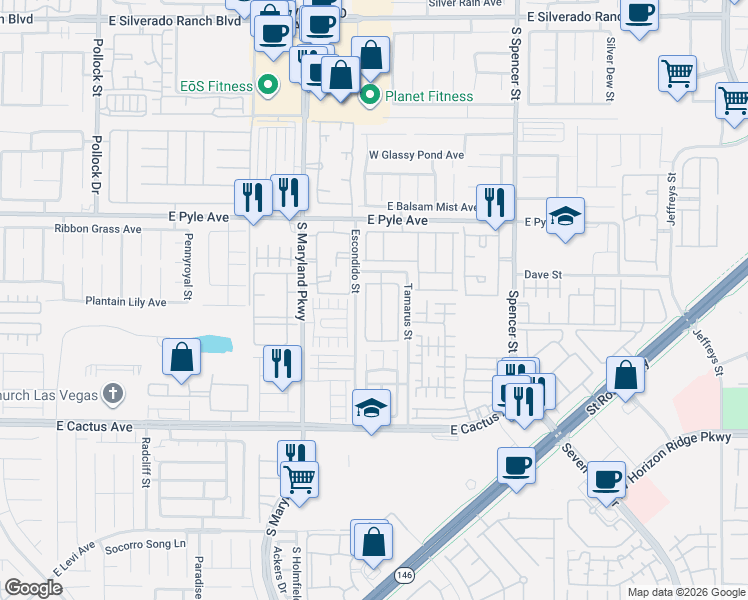 map of restaurants, bars, coffee shops, grocery stores, and more near 10286 Missouri Meadows Street in Las Vegas