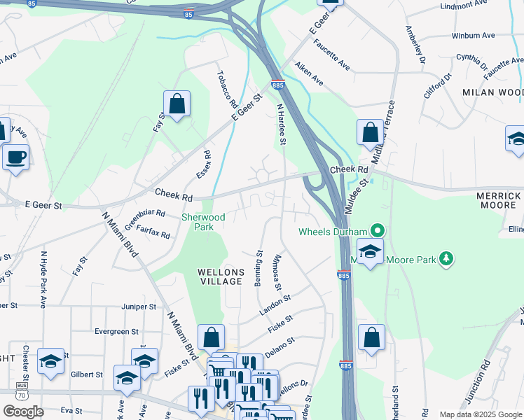 map of restaurants, bars, coffee shops, grocery stores, and more near 1125 Benning Street in Durham
