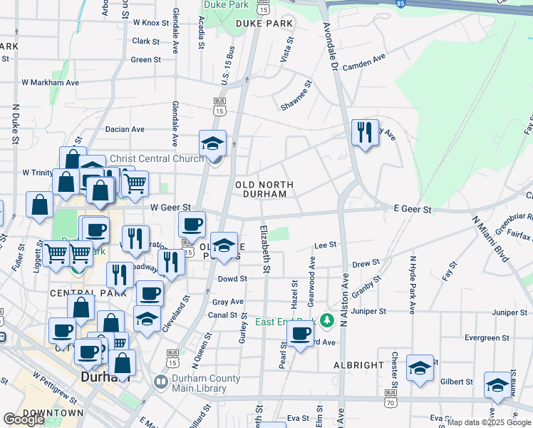 map of restaurants, bars, coffee shops, grocery stores, and more near 300 East Geer Street in Durham