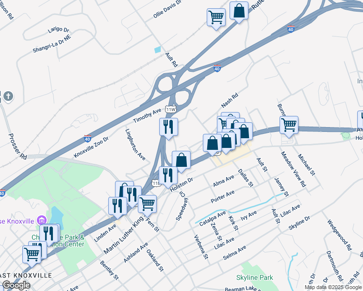 map of restaurants, bars, coffee shops, grocery stores, and more near 3927 Linden Avenue in Knoxville