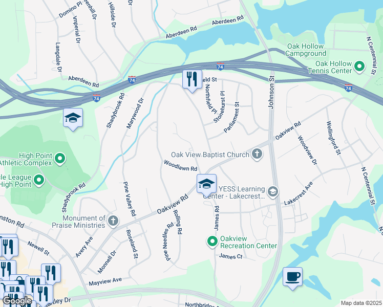 map of restaurants, bars, coffee shops, grocery stores, and more near 1304 Andover Court in High Point