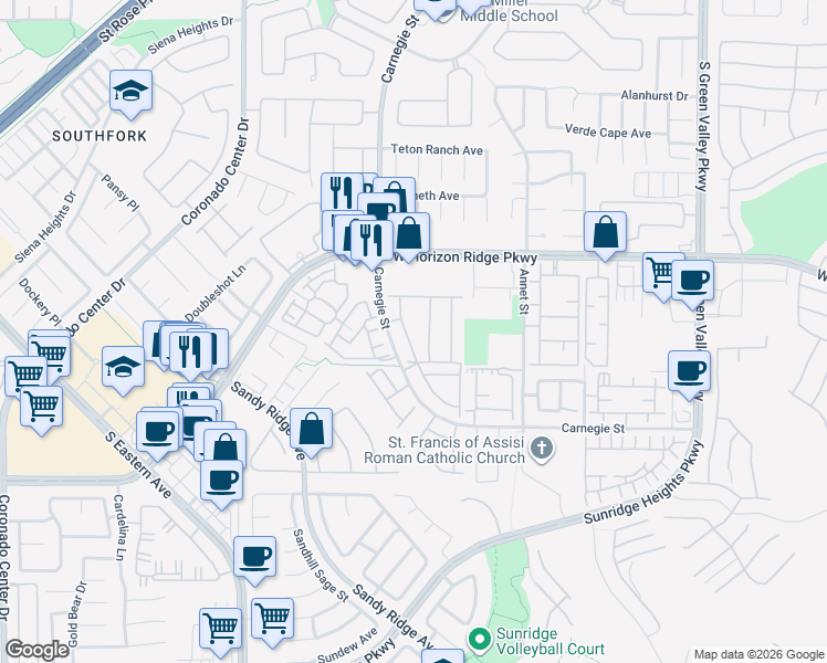 map of restaurants, bars, coffee shops, grocery stores, and more near 700 Carnegie Street in Henderson