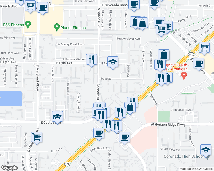 map of restaurants, bars, coffee shops, grocery stores, and more near 1881 Versante Avenue in Las Vegas
