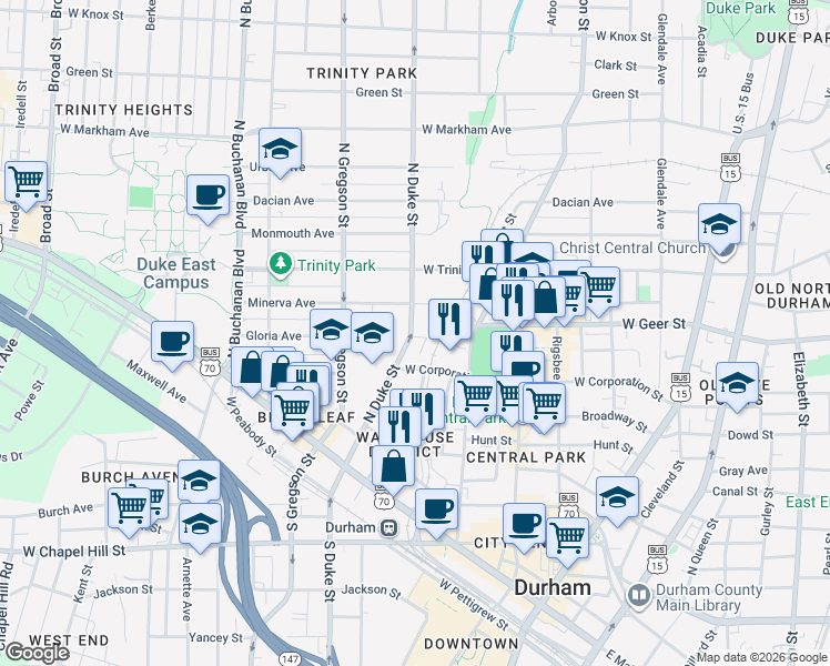 map of restaurants, bars, coffee shops, grocery stores, and more near 600 North Duke Street in Durham