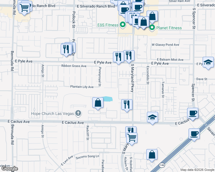 map of restaurants, bars, coffee shops, grocery stores, and more near 1067 Silver Creek Avenue in Las Vegas