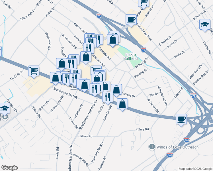 map of restaurants, bars, coffee shops, grocery stores, and more near 619 Leconte Lane in Knoxville