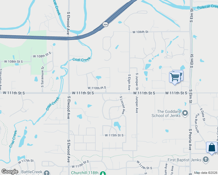 map of restaurants, bars, coffee shops, grocery stores, and more near 707 West 110th Place South in Jenks