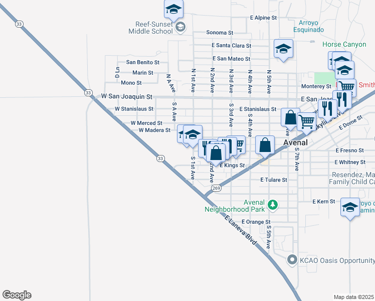 map of restaurants, bars, coffee shops, grocery stores, and more near 500 South 1st Avenue in Avenal