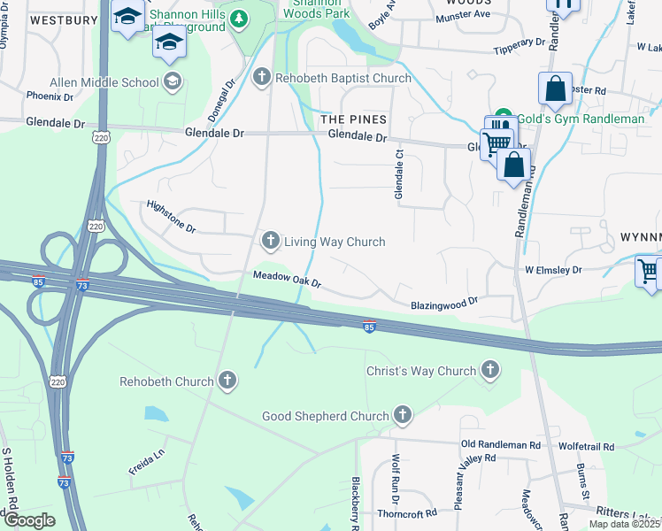 map of restaurants, bars, coffee shops, grocery stores, and more near 1019 Blazingwood Drive in Greensboro