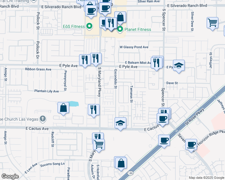 map of restaurants, bars, coffee shops, grocery stores, and more near 10253 Ladybug Bend Street in Las Vegas
