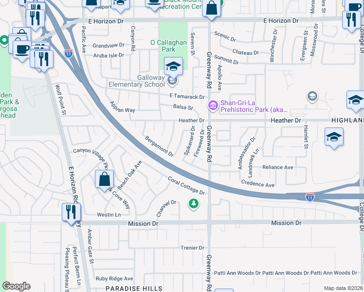 map of restaurants, bars, coffee shops, grocery stores, and more near 860 Bergamont Drive in Henderson