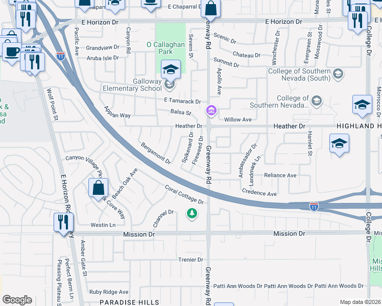 map of restaurants, bars, coffee shops, grocery stores, and more near 821 Spikenard Drive in Henderson