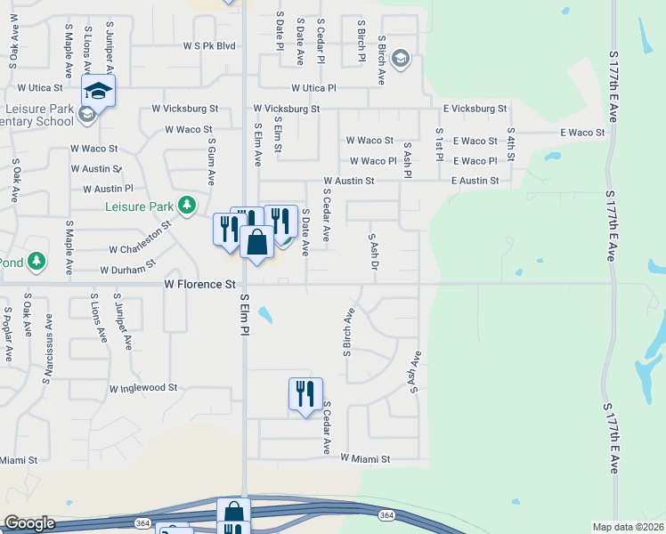 map of restaurants, bars, coffee shops, grocery stores, and more near 300 West Durham Place in Broken Arrow