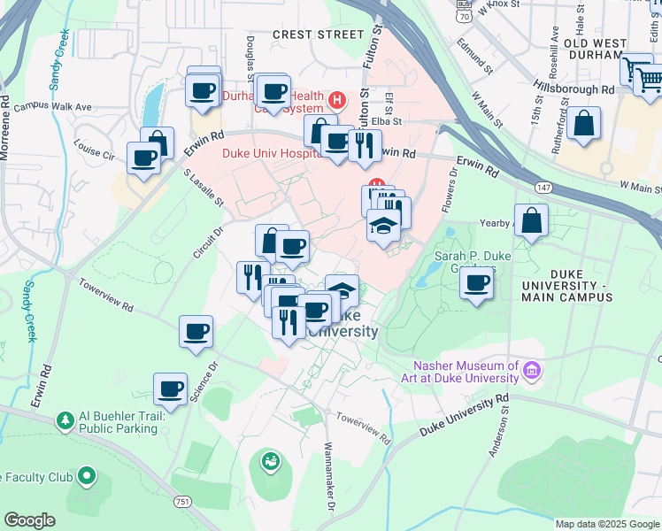 map of restaurants, bars, coffee shops, grocery stores, and more near 10 Bryan Searle Drive in Durham