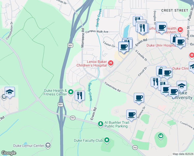 map of restaurants, bars, coffee shops, grocery stores, and more near 1315 Morreene Road in Durham