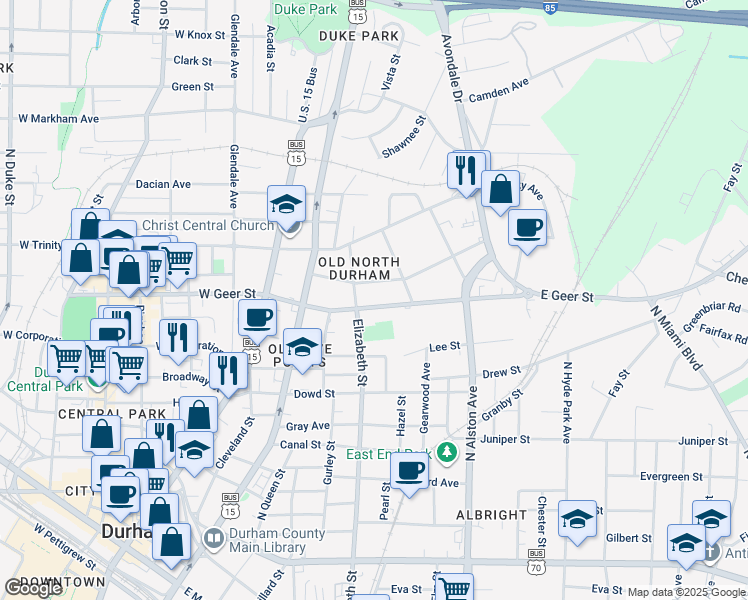 map of restaurants, bars, coffee shops, grocery stores, and more near 407 East Geer Street in Durham