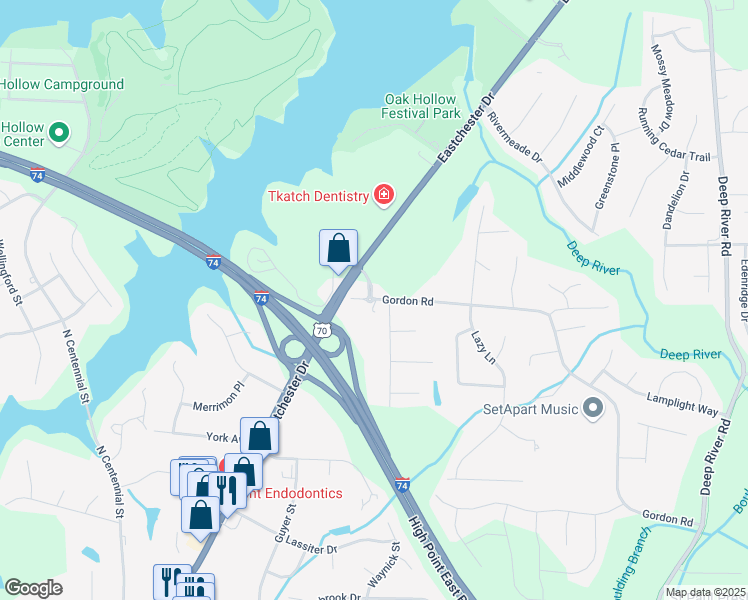 map of restaurants, bars, coffee shops, grocery stores, and more near 2108 Gordon Road in High Point