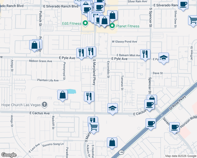map of restaurants, bars, coffee shops, grocery stores, and more near 10245 South Maryland Parkway in Las Vegas