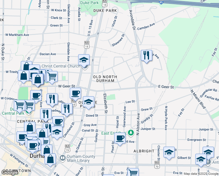 map of restaurants, bars, coffee shops, grocery stores, and more near 407 East Geer Street in Durham