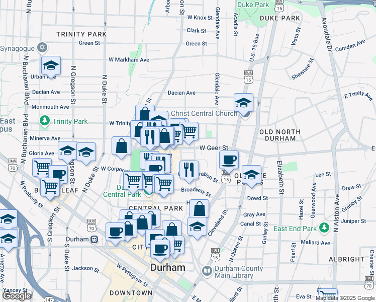 map of restaurants, bars, coffee shops, grocery stores, and more near 305 Northwood Circle in Durham