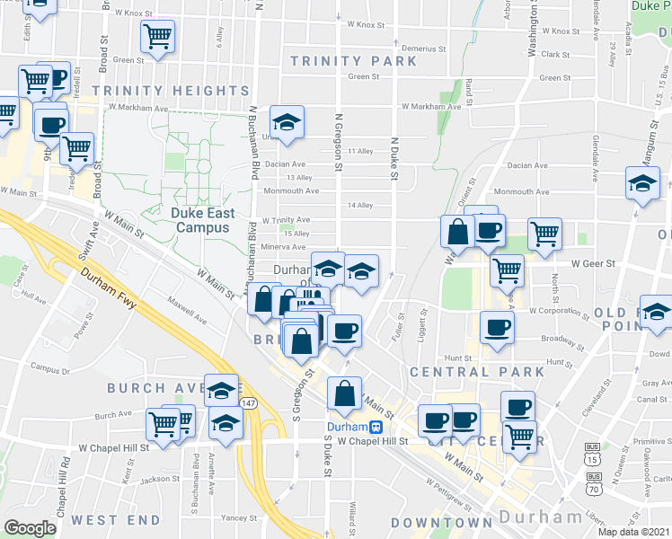 map of restaurants, bars, coffee shops, grocery stores, and more near 1007 Gloria Avenue in Durham