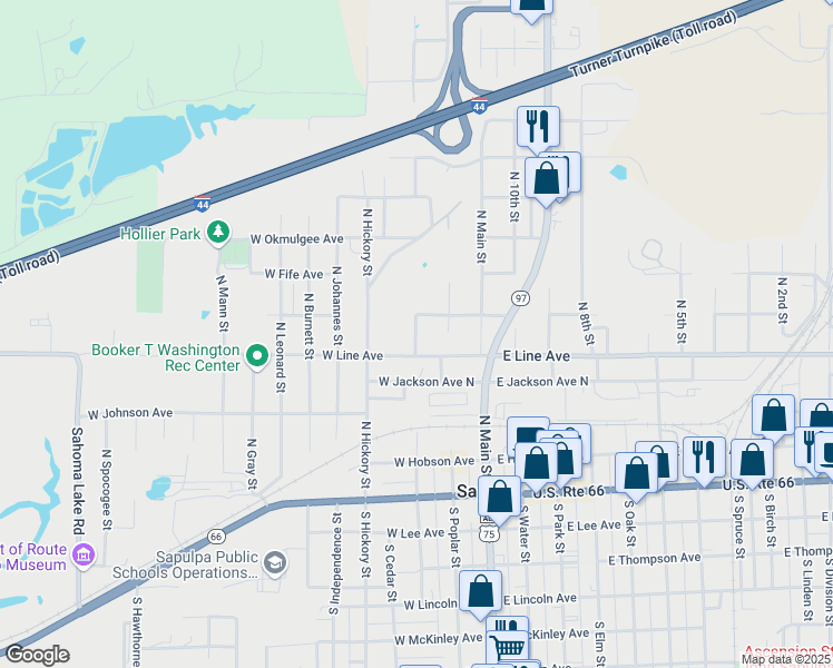 map of restaurants, bars, coffee shops, grocery stores, and more near 125 West Jackson Avenue North in Sapulpa