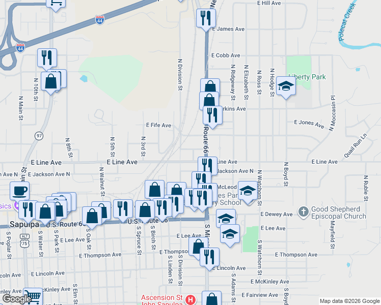 map of restaurants, bars, coffee shops, grocery stores, and more near 1009 East Line Avenue in Sapulpa