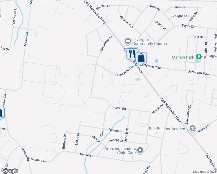 map of restaurants, bars, coffee shops, grocery stores, and more near 107 Hampton Drive in La Vergne